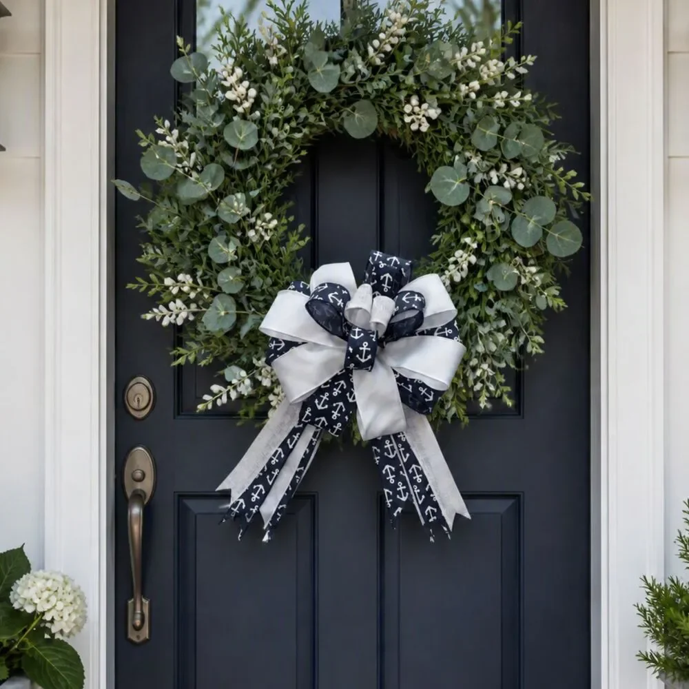 12‑Inch Nautical Anchor Bow | Navy & White Coastal Wreath Bow | Beach House
